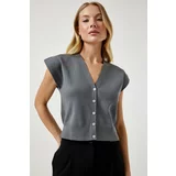 Happiness İstanbul Women's Gray Buttoned Short Knitwear Vest