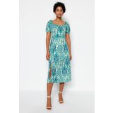 Trendyol Green Square Neck Slit Patterned Woven Midi Dress | Shoptok.si