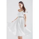 Lafaba Women's White Boat Neck Stripe Jewelled Midi Evening Dress