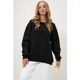 Trend Alaçatı Stili Women's Black Crew Neck Raglan Sleeve Three Thread Raised Basic Sweatshirt