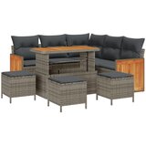 vidaXL 9-dijelni vrtni sofa set s jastučićima u sivoj poli ratanu i akaciji, 2-sjedni vrtni sofa s jastučićima u sivoj poli ratanu, 4-dijelni vrtni blagovaonski set s jastučićima u sivoj poli ratanu i akaciji Cijene
