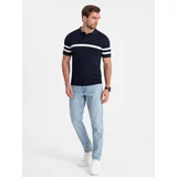 Ombre Men's soft knit polo shirt with contrasting stripes - navy blue
