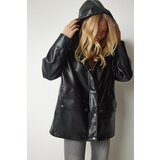  Women's Black Hooded Pocket Faux Leather Coat | Eponuda.ba