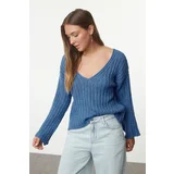 Trendyol Dark Blue Wool Wide Fit Crop Basic Knitwear Sweater