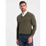 Ombre Men's sweater with v-neck with shirt collar - dark olive | shoptok.hr