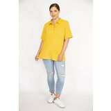 Şans Women's Mustard Plus Size Polo Neck Front Pat Buttoned Camisole Fabric Short Sleeve Blouse Cene