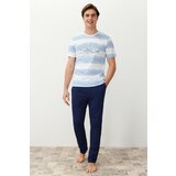 Trendyol Men's Blue Regular Fit Striped Knitted Pajama Set cene