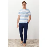 Trendyol Men's Blue Regular Fit Striped Knitted Pajama Set
