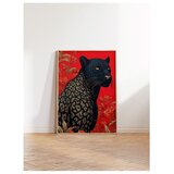 Wallxpert uramljena slika 115269, crni panter sa cvetnim motivima na crvenoj pozadini, 50 x 70 cm, ram u boji prirodnog drveta Cene