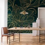  Foto tapeta - Green boudoir - linear drawing of a flower in golden colours on a dark background 100x70 | shoptok.hr