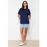 Trendyol Navy Blue 100% Cotton Printed Oversize/Wide Fit Crew Neck Knitted T-Shirt Cene