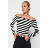 Trendyol Black Striped Carmen Collar Fitted/Slippery Knitted Blouse Cene
