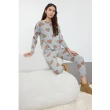 Trendyol Gray Melange 100% Cotton Teddy Bear Patterned Knitted Pajama Set