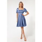 Lafaba Women's Indigo Balloon Sleeves Flare Cut Midi Satin Evening Dress. Cene