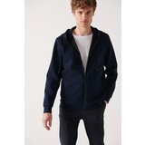 Avva Men's Navy Blue Unisex Sweatshirt Hooded Flexible Soft Texture Interlock Fabric Zippered Standard Fit Cene