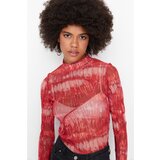 Trendyol Red Patterned Stand Up Collar Tulle Knitted Blouse Cene