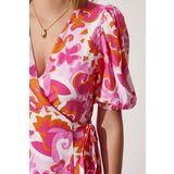  Women's Pink Orange Patterned Summer Wrap Viscose Dress | Shoptok.si