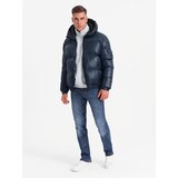 Ombre Warm men's puffer jacket with welts - navy blue Cene