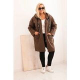 Kesi Włoski Plus Size women's coat made of faux shearling with a hood and pockets brown | Shoptok.si