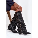 Boto Women's heeled boots with turned upper and gold buckles Black Isavelle Cene