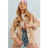Trend Alaçatı Stili Women's Cream Pocket Regular Fit Cotton Jean Jacket