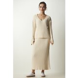 Happiness İstanbul Women's Cream Ribbed Sweater Skirt Knitwear Suit Cene