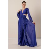 By Saygı Low-Collection V-neck Long Chiffon Dress with Plunging Front Lined Sax Cene