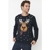 Trendyol Navy Blue Men Regular Fit Crew Neck Deer Pattern Christmas Knitwear Sweater