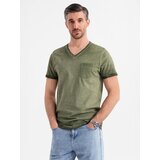Ombre Men's cotton V-neck knit t-shirt with washed effect - olive | Shoptok.si