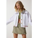  Women's White Embroidered Tasseled Oversize Denim Jacket