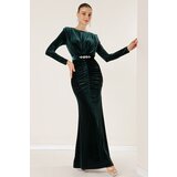 By Saygı Long Velvet Dress with Front Pleated Belt cene