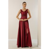 By Saygı V-Neck Thick Strap Waist Beaded Lined Wide Size Long Satin Dress | shoptok.hr