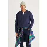 AC&Co / Altınyıldız Classics Men's Navy Blue Standard Fit Regular Cut Inner Fleece 3 Thread College Collar Cotton Sweatshirt Jacket