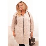 Kesi Włoski Women's Plus Size quilted jacket with a hood and the inscription HOPE dark beige | shoptok.hr