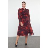 Trendyol Curve Burgundy Floral Patterned Chiffon Lined Slit Midi Woven Dress Cene