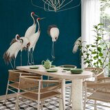  Foto tapeta - Evening by the pond - a group of cranes drawn in dry pastel on a dark turquoise background 250x175 Vodootporna | shoptok.hr