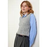 Happiness İstanbul Women's Blue Gray Polo Collar Sweater Striped Shirt cene
