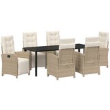 vidaXL 7-delna vrtna jedilna garnitura s blazinami v bež poli ratan, črna vrtna miza 200x80x73 cm iz kaljenega stekla | Shoptok.si