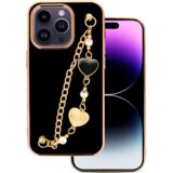 Trendy silikonski ovitek z zapestnico za iPhone 14 6.1 - črn s srčki Cene