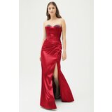 Lafaba Women's Red Stone Underwire Corset Slit Long Satin Evening Dress Cene