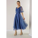 By Saygı Front Back V Neck Short Balloon Sleeve Lined Bud Pattern Silvery Dahya Fabric Dress | shoptok.hr