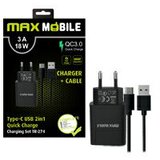 Max Mobile kućni punjač SET 2U1 QC 3.0 QUICK CHARGE USB + TYPE C, 3A,18W crni Cijene