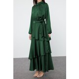 Trendyol Dark Green Skirt Tiered Satin Woven Evening Dress/Evening Dress