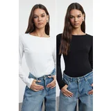 Trendyol Black-Ecru Double Pack Boat Neck Fitted Knitted Blouse