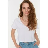 Trendyol White 100% Cotton Single Jersey V Neck Crop Knitted T-Shirt Cene