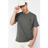 Trendyol Gray Men's Relaxed/Casual Cut Horse/Animal Embroidered Short Sleeve 100% Cotton T-Shirt Cene