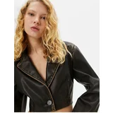 Koton Crop Faux Leather Jacket Vintage Look Reverse Double Breasted Collar Long Sleeve