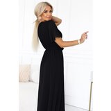 numoco basic 545-5 Long dress with pleated neckline and tie - black | shoptok.hr