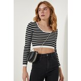 Happiness İstanbul Women's Black Striped Ribbed Crop Knitwear Blouse Cene