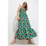 Trend Alaçatı Stili Women's Green Strap Skirt Flounce Floral Pattern Gimped Woven Dress